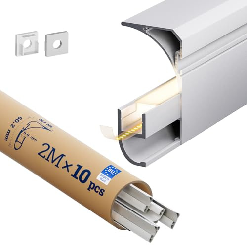 HOOLED LED Sockelleistenprofil modern Für 9 mm Led/COB-Streifen, Weißes Fußbodenleiste LED Aluminiumprofil Größe 2000 x 60,2 x 36,4 mm, Für Wohn- Hotel- und Innenbeleuchtung geeignet (10 Stück,Weiß)