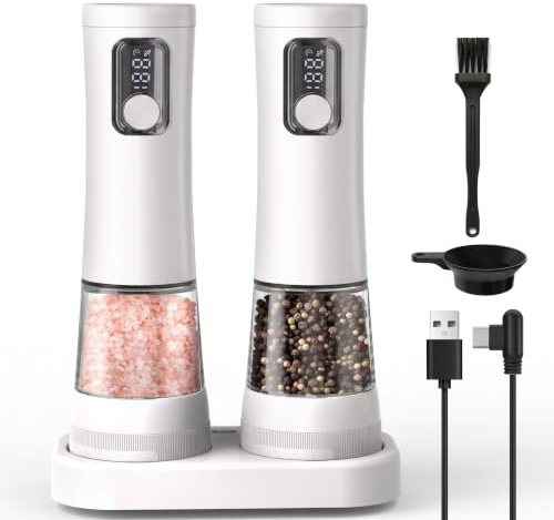 Set di 2 macinapepe elettrico, macinapepe automatico, 5 livelli di macinazione regolabili, display, illuminazione a LED, grande capacità, regalo da cucina Ldeal (2, bianco)