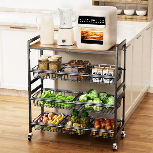 Cinati 4-Tier Utility Kitchen Cart with Wood Top, 29 W Kitchen Storage Cart with 8 Baskets & Handle, Metal Snack Cart with Wheels, Adjustable Pantry Organizer and Storage Cart for Fruit, Vegetables