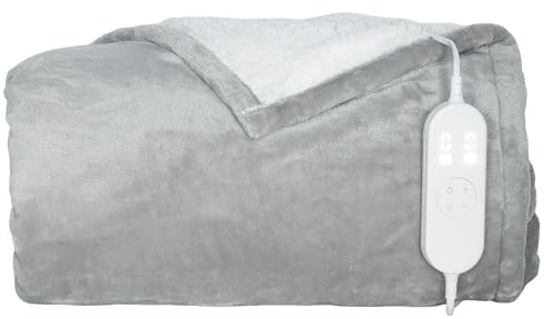 HOMCOM Couverture chauffante, 180 x 130 cm, plaid chauffant avec 10 niveaux de chauffage, minuterie 10 heures, lavable en machine, protection contre la surchauffe, flanelle et velours de coton, gris