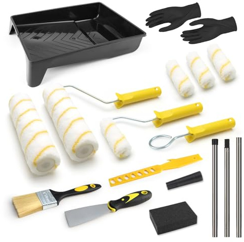 Professional 19-Piece Paint Roller Set,All-in-One Painting Roller Kit with Extension Pole (Extends to 3 Ft), 9 & 4 Microfiber Rollers, Tray, Brush & Tools for Walls, Ceilings, Doors