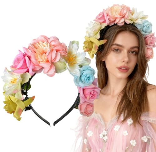Haarreif Blumen Haarband Dirndl Braut Stirnband Kranz Kopfband Für Fasching Karneval Party Kostüm Zubehör (rosa-Grün)