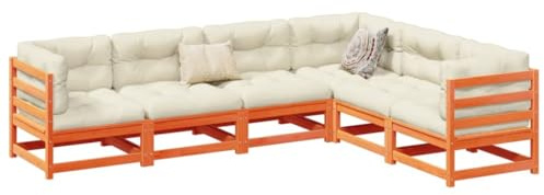 Holamys Ensemble de 6 meubles de jardin modulaires en pin massif avec coussins pour terrasse, balcon, patio, charge maximale de 110 kg par siège - Marron cireux