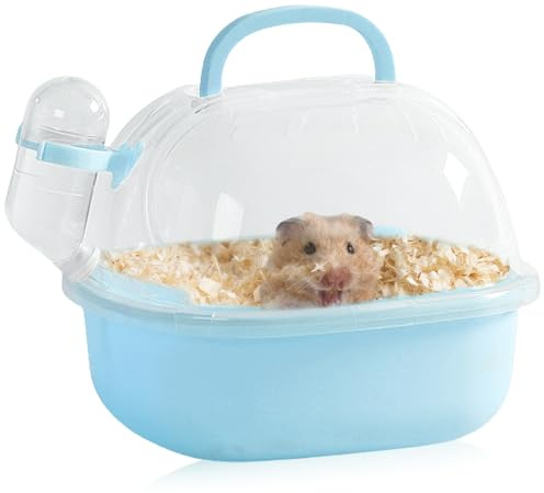 Hamstertransportlåda med vattenflaska, 20 x 18 x 19 cm, bärbar transportlåda, små djur, transportbur med ventilationsplatser, reselåda, bärbur för gerbils, möss, dvärghamstrar (blå)