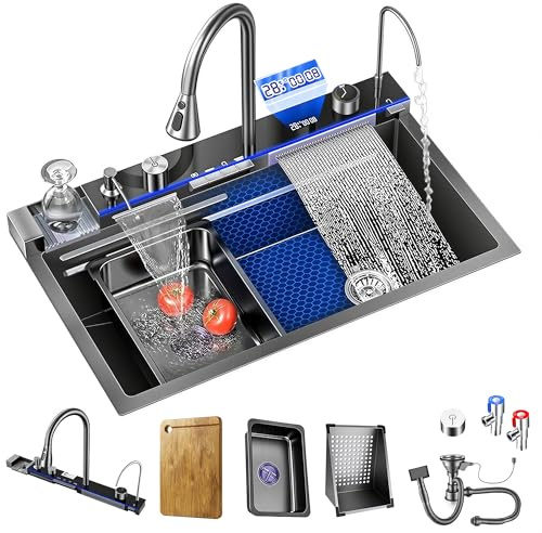 Évier de cuisine en acier inoxydable, 80 x 45 cm, avec indicateur LED, bac simple grand volume, robinet cascade extensible, trop-plein et bonde ainsi que divers accessoires.