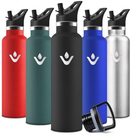 Motswedi Botella Agua acero Inoxidable, 750 ml Libre de BPA, Botella Termica, Con Pajita y 2 Tapas, Cantimplora, 18/8 Acero Inoxidable, Cantimplora Isotermica para Ufficio, Stadio, Palestra - negro
