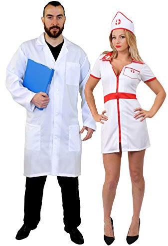 DOCTOR AND NURSE COUPLES FANCY DRESS COSTUMES - DOCTORS AND NURSES COUPLES COSTUMES PERFECT FOR PARTIES AND HALLOWEEN - MENS: STANDARD SIZE LAB COAT + LADIES LARGE NURSE COSTUME