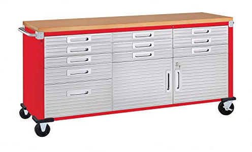Seville Classics UltraHD Heavy Duty Rolling Cabinet Workbench Table w/Solid Wood Top, Workstation for Garage, Warehouse, Office, Workshop, 77 W x 20 D x 37.5 H, Red, 11-Drawer