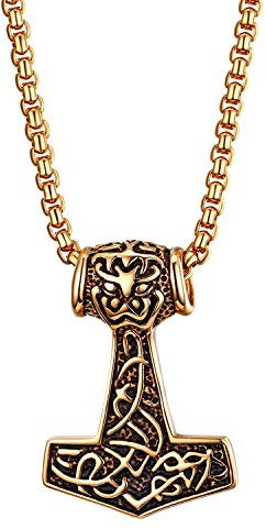 JewelryWe Collar Martillo Thor Vikingo: Colgante Oro de Acero Inoxidable Martillado Vintage para Hombre con Cadena de 22 Hipoalergénico Antialérgico - Para Uso Diario Regalo