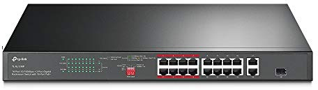 TP-Link TL-SL1218P 16-Port Fast Ethernet Rackmount PoE+ Switch + 2 Gigabit Port(150 Watt, geschirmte RJ-45 Ports, 250m Übertragungsabdeckung im Extendmodus, Plug-and-Play, lüfterlos) Schwarz