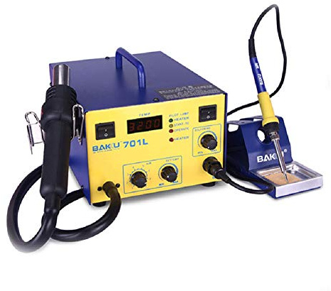 BAKU 701L Estación de Soldadura y Pistola de Aire Caliente (Potencia 350W, Flujo Aire Máx 120L/min, Soldador, Decapador, Pantalla LED, Control Temperatura) - Azul