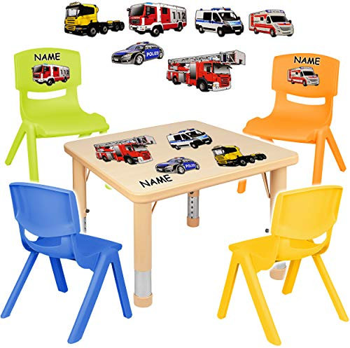 alles-meine.de GmbH Sitzgruppe für Kinder - Tisch + 4 Kinderstühle - Größen & Motiv & Farbwahl - Feuerwehr & Polizei Auto/holzfarben - inkl. Name - höhenverstellbar - 1 bis 8 J..