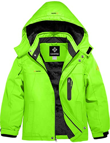 GEMYSE Boy's Waterproof Ski Snow Jacket Hooded Fleece Lined Windproof Winter Jacket (Fluorescent Green,10/12)