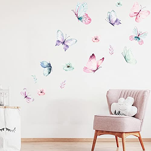 WANDKIND SCHMETTERLING Schwarm Wandtattoo Set | handgezeichnet | AUFKLEBER Kindergarten | Wandsticker Kinderzimmer Schmetterlinge Blume Blumen Pflanzen (60 x 60 cm)