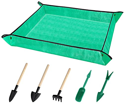 ELECLAND Plant Repotting Pad Gardening Pot Pad with Transplanting Tools Set, Waterproof Gardening Mat Foldable Flower Pot Mat Garden Working Mat for Indoor Outdoor Miniature Garden (Green)