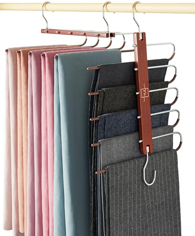 MORALVE Pants Hangers Space Saving - European Beechwood Scarf and Jean Hangers - Closet Organizer and Space Saver Pant Rack, Leggings Hanger, and Scarf Holder with 360° Swivel Hook (1 Pack)