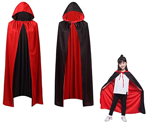 OUQIWEN Mantello Per Costume di Halloween,Mantello Da Vampiro Bambini,Ragazzo Ragazza Mantello con Cappuccio, Reversibile Nero Rosso Mantellos per Festa di Halloween (90cm)