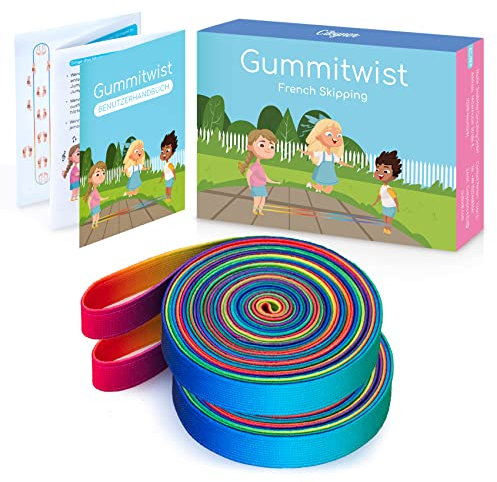 Cikyner Gummitwist Kinder Set，2 Stück Hüpfgummi 4m lang 1.5cm weit Gummi Twist mit Anleitung Polyester-Latex Regenbogen Band für Kinder Hüpfspiele drinnen und draußen, Mädchen & Jungs