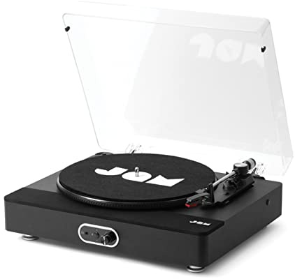 Jam Sound Stream+ Plattenspieler, integrierte Stereo-Lautsprecher, Bluetooth-Konnektivität, 3 Geschwindigkeiten, AC-Adapter, RCA-zu-AUX-Kabel, mit Plattenadapter und Slipmat, matt Schwarze Oberfläche