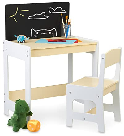 Relaxdays Tavolino da Bambini, con Sedia e Lavagna, per Giocare e Disegnare, Set Mobili Cameretta Bimbi, Beige Bianco