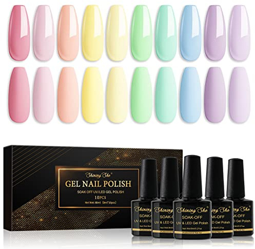 Shining She UV Nagellack Set,10 Farben Hellblau Hellviolett Hellrosa Hellgrün Hellgelb,Sommer Frühling Gel Nagellack Pastell Soak-Off UV Nail Polish für Anfänger Maniküre Salon,8ML