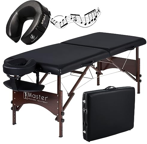 Master Massage Argo Table de Massage Mobile Pliable 71 cm - avec Pieds en Bois de Noyer et Sac de Transport - Noir - avec Coussin Musical - Haut-Parleur Bluetooth