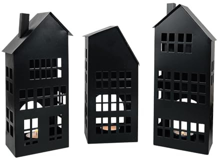 zeitzone Lichthäuser 3er Set Schwarz Metall Teelichthalter Windlicht Haus Weihnachten