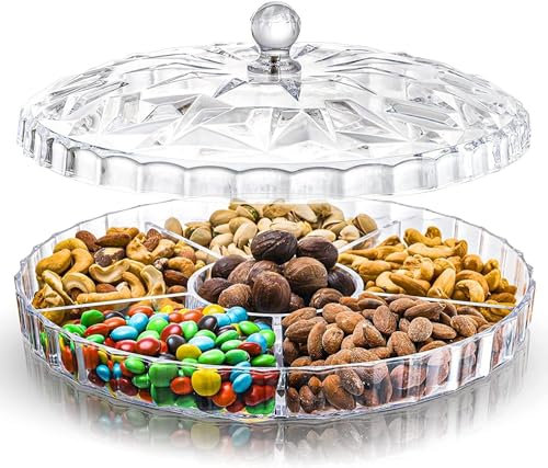 Clear Round Divided Snack Serving Tray, 12 Appetizer Tray with Lid, 6 Compartments Round Plastic Food Storage Organizer for Dried Fruits, Nuts, Candies, Sweet Cookies and Fruits