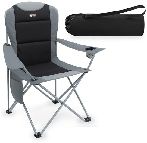 ZENO Camping Chair | Folding Camping Chairs for Adults with Padded Backrest, Cup Holder and Side Storage Pocket | Heavy Duty Portable Chair with Strong Steel Frame for Camping, Festivals, Outdoor