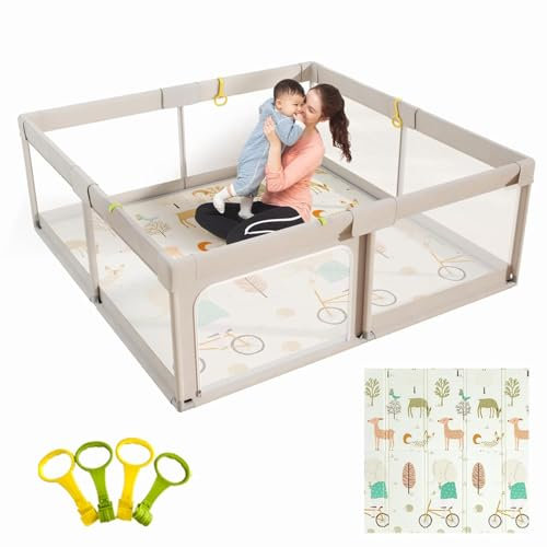 Mloong Parque Infantil Bebe, 150x150x68cm Corralito Bebe Con Alfombra Bebe, Parque De Juegos Bebé, Con Malla Transpirable en Los Cuatro Lados，2