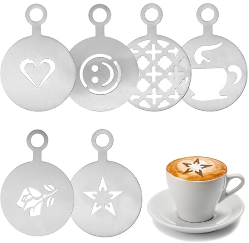 Cosysparks Kaffeeschablonen aus Edelstahl, 6 Pcs Kaffee-Dekorationsschablone cappuccino schablonen kaffee schablonen kaffee Latte Art Schablonen tortenschablone für Kaffee Kuchen Dekorieren (Stil 2)