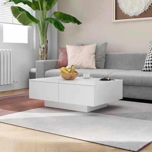 Gecheer Soffbord med låda, sidobord, vardagsrumsbord, soffbord, tebord, vardagsrum 90 x 60 x 31 cm (L x B x H), trämaterial, vit