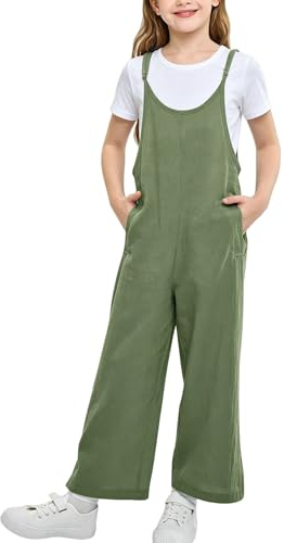Rolanko Girls Jumpsuit Adjustable Spaghetti Strap Loose Overalls Rompers, Cotton Baggy Plain Playsuits with Pockets for Age 5-12 Years, Green, Size: 10-11 Years, 150