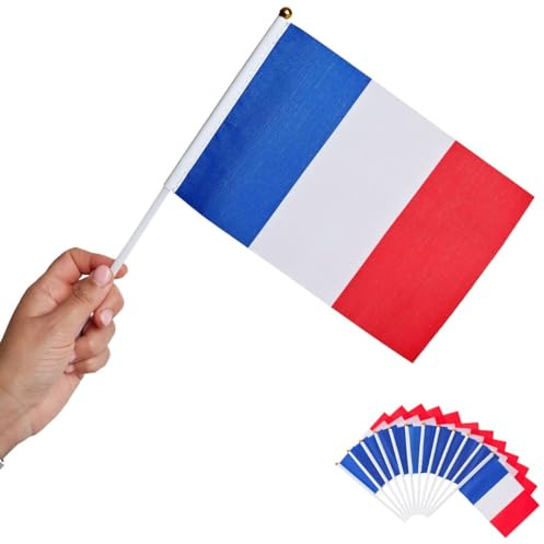 Runesol 12er Packung Frankreich Handfahnen, 14 cm x 21 cm Mini-Handfahnen der Länder, Stockfahnen, kleine Flaggen Frankreich, Wimbledon, handgehaltene Flaggen, Sport