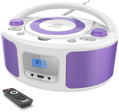 Tragbarer CD-Player Boombox mit Bluetooth | Fernsteuerung | FM-Radio | USB | MP3-Wiedergabe | Kompatibel mit CD-R/CD-RW(White+Purple)