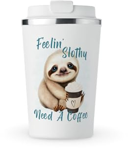 MAXIKIWI - Insulated Double Walled, Leakproof Stainless Steel Mug, Coffee or Tea Travel Tumbler with Lid, Keep Drinks Hot and Cold - Cute Sloth Slothy Need Coffee - 350ml