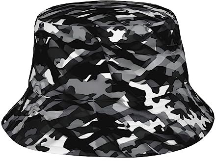 Fischerhüte Schwarz Grau Camouflage Eimerhut Atmungsaktive Hip Pop Hut Doppelseitig Sommermütze Für Sommer, Reisen, Angeln