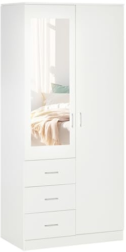 HOMCOM Armadio Moderno Guardaroba 2 Ante con Specchio e 3 Cassetti, Mensole Regolabili e Barra Appendiabiti, 80x50x180cm, Bianco