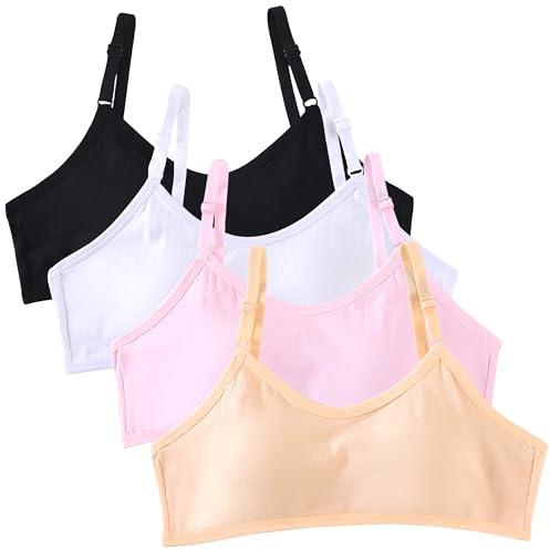 Baogaier 4-pack tonåring, flickor, bh, bomull, andas, sport, träning, underkläder med fast, vadderad och justerbar axelrem, bralette, topp, bustier för 10–16 år, barn, tweens, Stil B, En Storlek