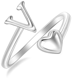 SILBERTALE Anillo de 925 plata de ley con corazón y letras ajustables Tamaño 50 a 58 Inicial A-Z Collar de moda individual con caja de regalo, Verstellbarer Größe 50 bis 58