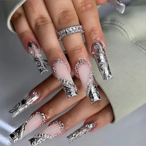Cosmeria Künstliche Nägel Zum Aufkleben, 24 Stk Lange Quadratische Nägel, Silber, Mit Nagelfeile Und Glue, Wiederverwendbar Und Ideal Für Jede Gelegenheit