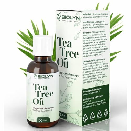 BIOLYN Tea Tree Oil 20ml – Olio Essenziale Puro di Melaleuca – Naturale al 100% – Ideale per Pelle, Capelli e Aromaterapia – Made in Italy – Qualità Farmaceutica