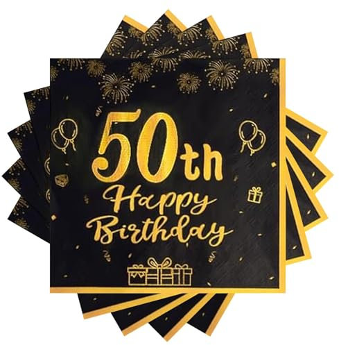 Servietten 50. geburtstag, 40 Stück Schwarz Gold Geburtstagsdeko Servietten für 50 Geburtstag mann Frau, Happy Birthday Tischdeko Papierservietten für Feiern Party Jubiläum