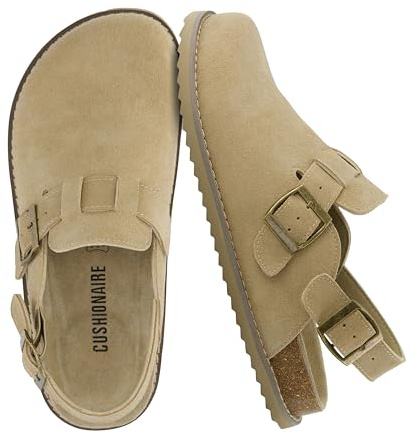 CUSHIONAIRE Brooklyn Suede Womens Slides– Comfortable Clog Mules with Adjustable Buckles – Summer Shoes for Women,BISCUIT 9