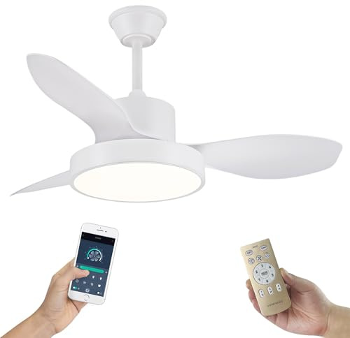 Ventilador de Techo con Luz LED y Aspas Reversibles - Diseño Premium, Silencioso con Mando a Distancia y Temporizador - Funcion Verano e Invierno y 3 Temperaturas de Luz LED (Blanco, S (97 cm))