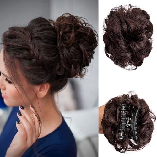Haarknoten-Haarteil mit Haarklammer, zerzauste Hochsteckfrisur, elastisches Haarband, gelocktes Haar, Dutt, Haargummi für Damen, Dunkelbraun