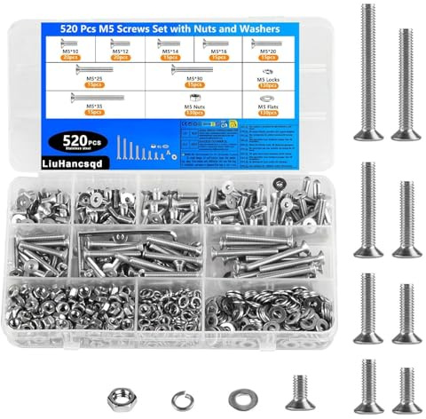 Ensemble de vis M5 520 pièces, ensemble de vis à tête fraisée et d'écrous, ensemble de vis à six pans creux avec écrous et rondelles, vis à tête plate, vis hexagonales, ensemble de vis filetées
