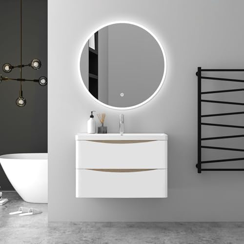 Biubiubath 80cm Bathroom vanity unit 3 Piece Set with washbasin and Anti-fog Round LED mirror with lights,design up with 2 large drawers,oak