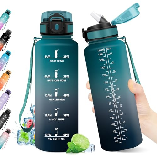 Sportflasche 1.5L, Trinkflasche Kohlensäure Geeignet, Auslaufsicher, BPA-frei, Trinkflasche mit Zeitmarkierung & Strohhalm, Motivierende Wasserflasche für Fitness, Schule, Fahrrad, Yoga, Camping,