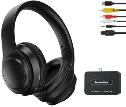RETRADEKING Casque Audio TV sans Fil ANC - Pliable pour Voyage - Émetteur Bluetooth & Sorties Audio (Optique/Coaxial/RCA/AUX 3.5mm/USB) - pour Séniors & Toutes TVs/Box TV